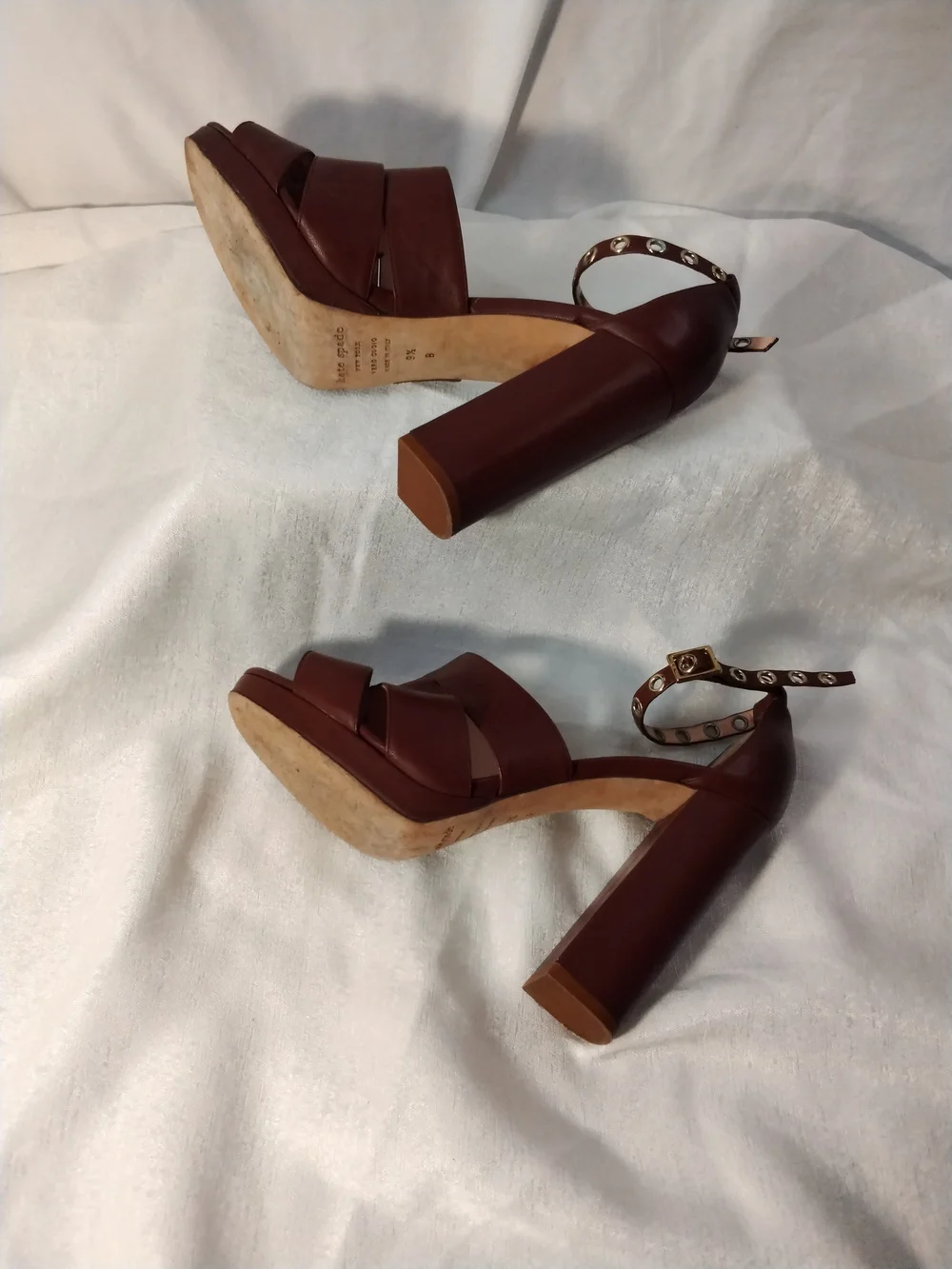 kate spade Brown Leather High Block Heel Sandals with Studded Ankle Strap